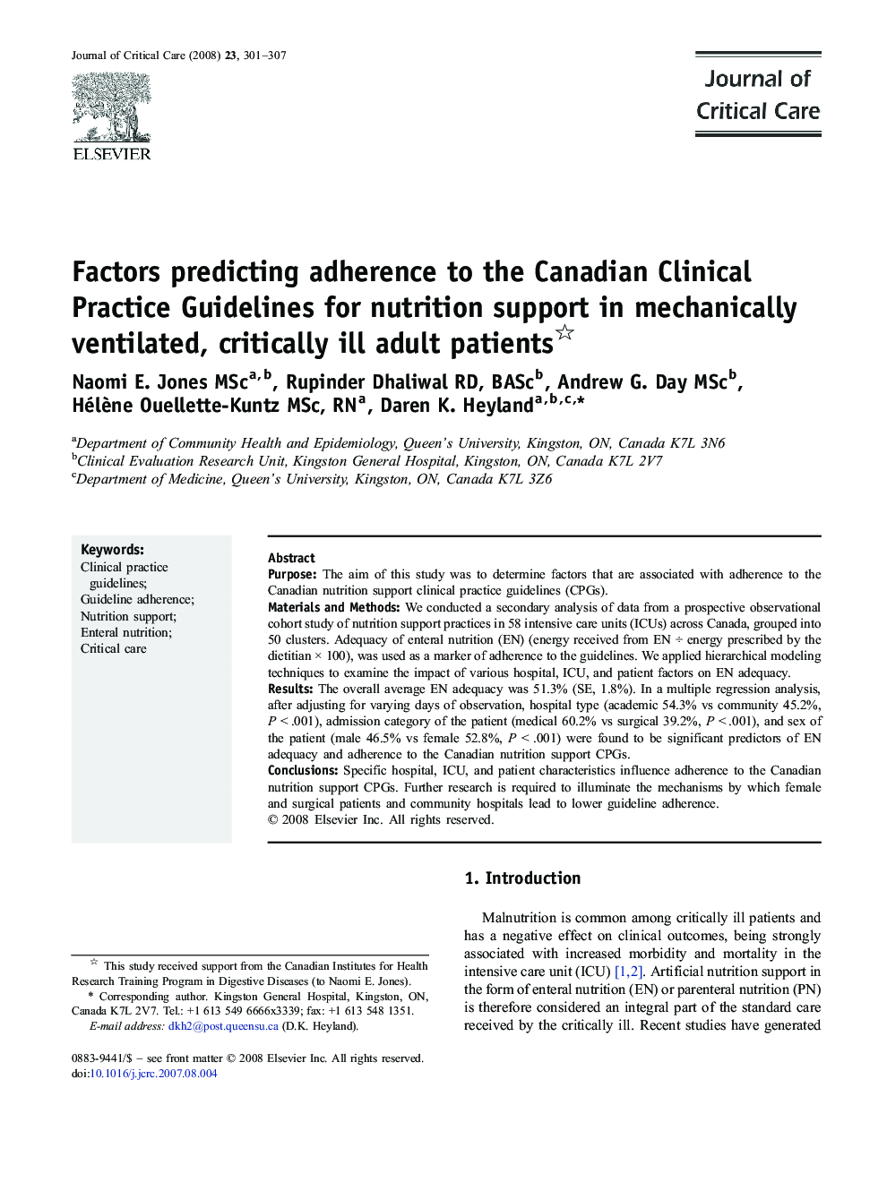 Factors predicting adherence to the Canadian Clinical Practice Guidelines for nutrition support in mechanically ventilated, critically ill adult patients 