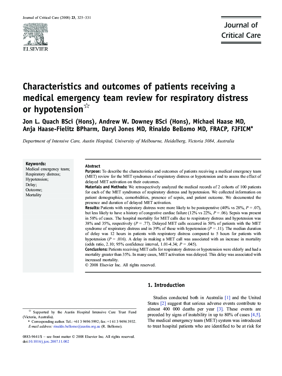 Characteristics and outcomes of patients receiving a medical emergency team review for respiratory distress or hypotension 