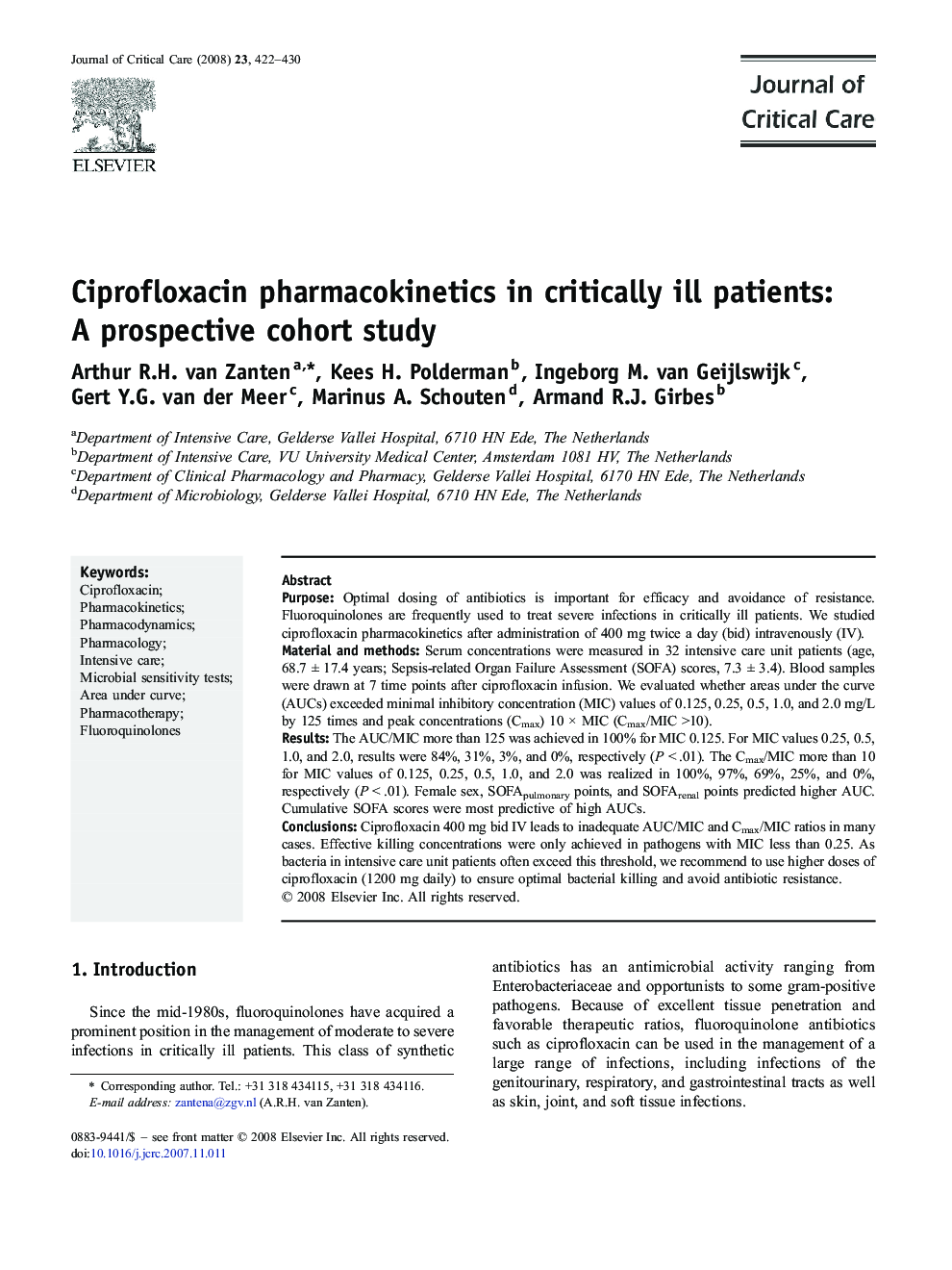 Ciprofloxacin pharmacokinetics in critically ill patients: A prospective cohort study