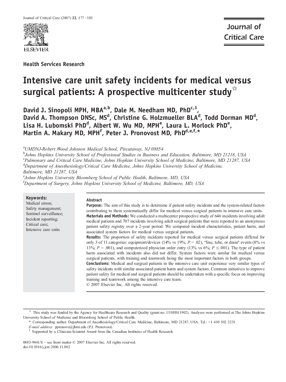 Intensive care unit safety incidents for medical versus surgical patients: A prospective multicenter study 