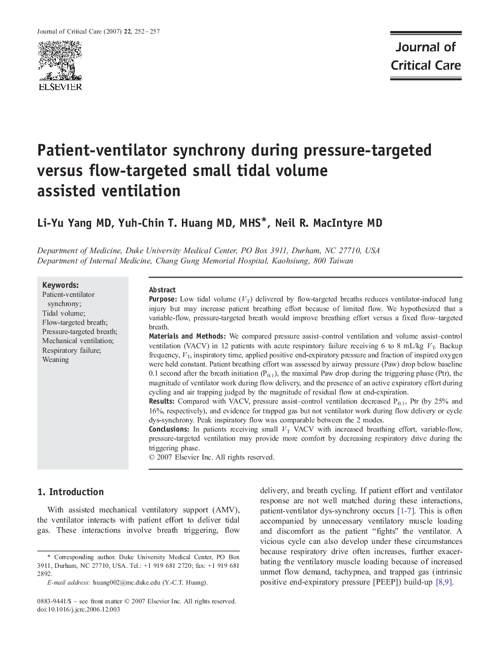 Patient-ventilator synchrony during pressure-targeted versus flow-targeted small tidal volume assisted ventilation