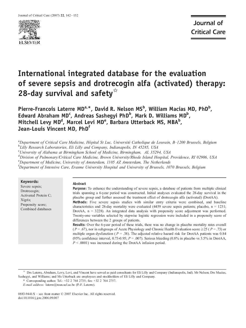 International integrated database for the evaluation of severe sepsis and drotrecogin alfa (activated) therapy: 28-day survival and safety 