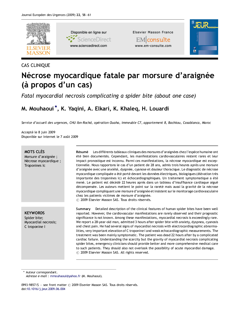 Nécrose myocardique fatale par morsure d'araignée (Ã  propos d'un cas)