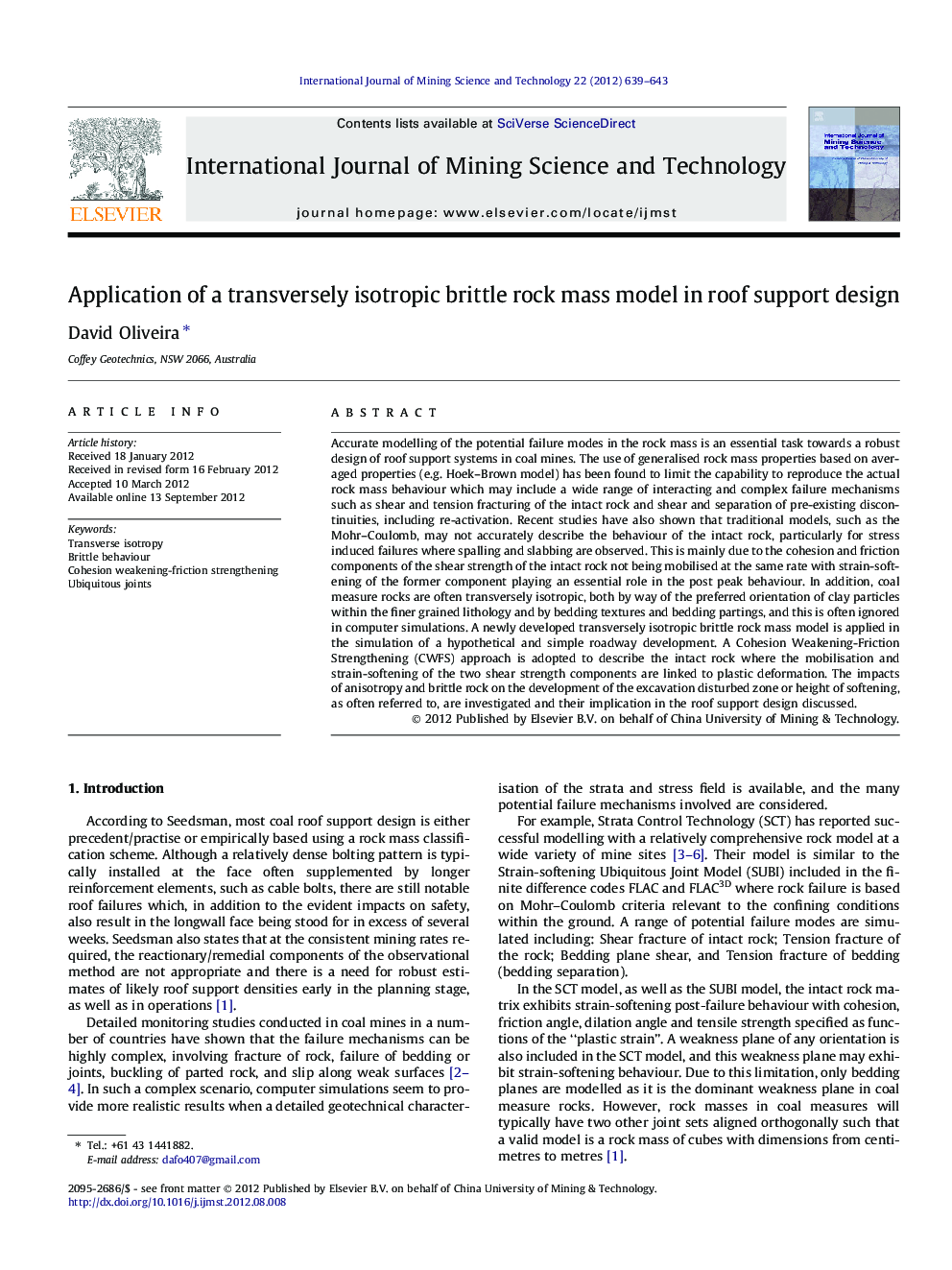 عکس صفحه اول مقاله: Application of a transversely isotropic brittle rock mass model in roof support design Application of a transversely isotropic brittle rock mass model in roof support design