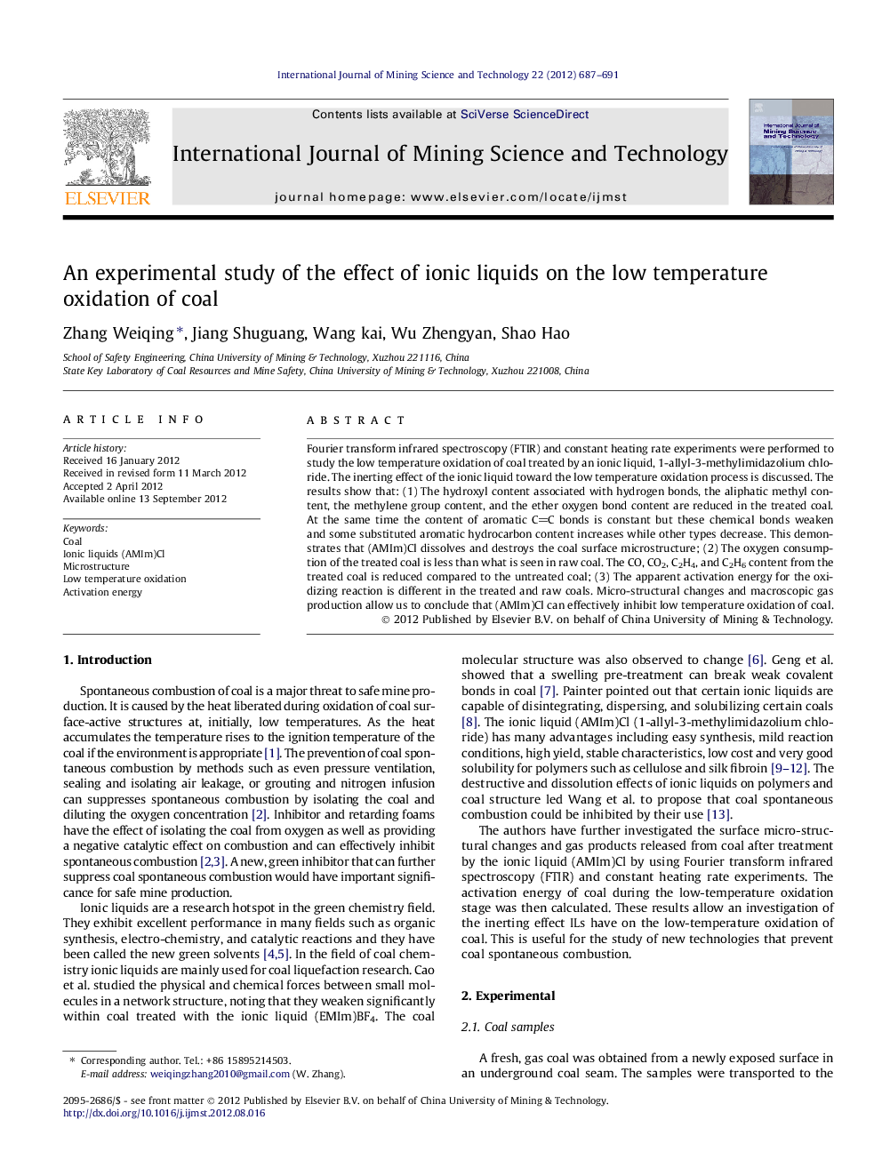 عکس صفحه اول مقاله: An experimental study of the effect of ionic liquids on the low temperature oxidation of coal An experimental study of the effect of ionic liquids on the low temperature oxidation of coal