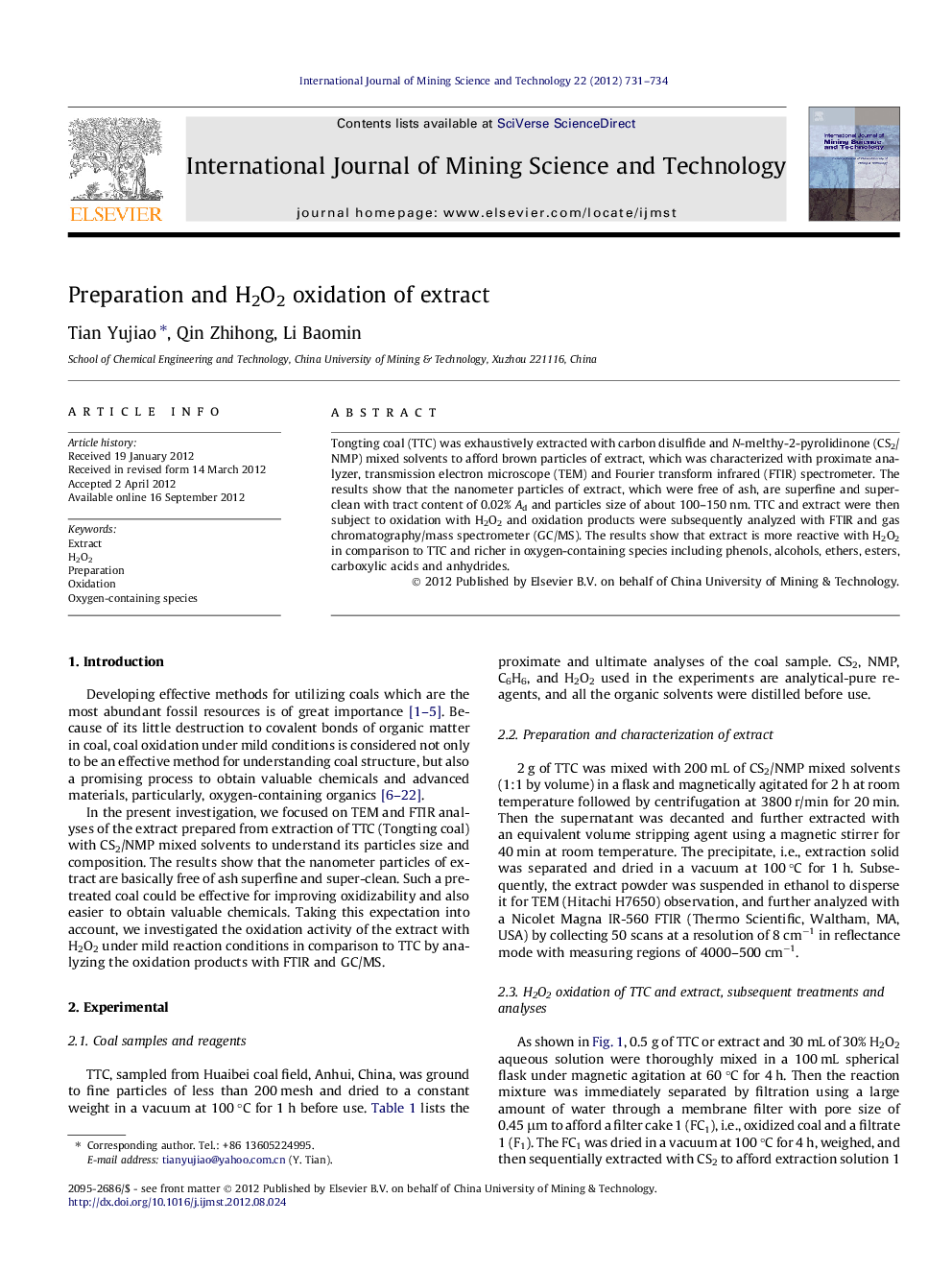 Preparation and H2O2 oxidation of extract