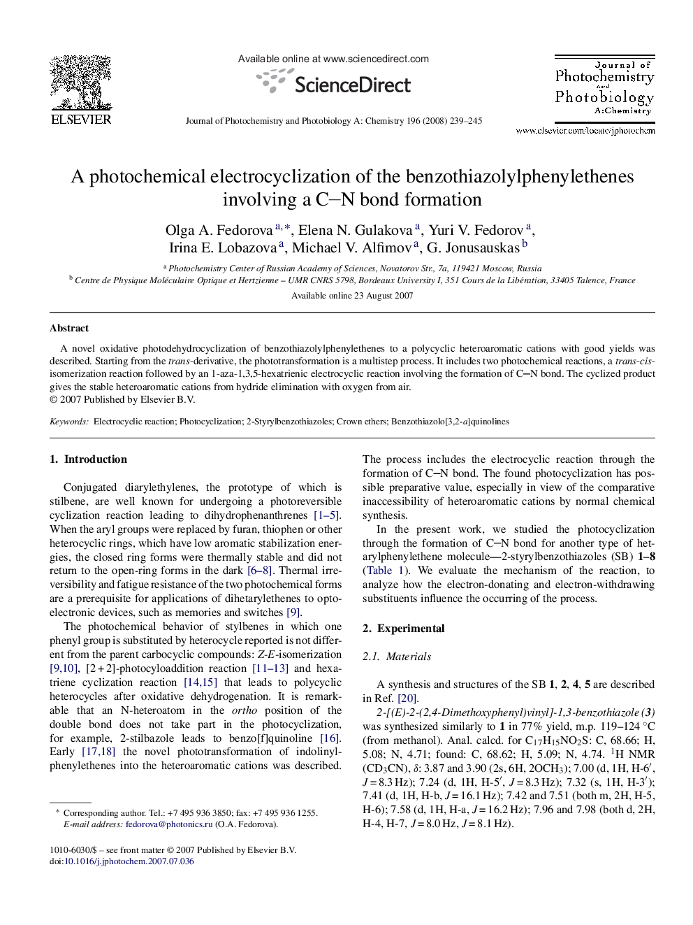 A photochemical electrocyclization of the benzothiazolylphenylethenes involving a CN bond formation