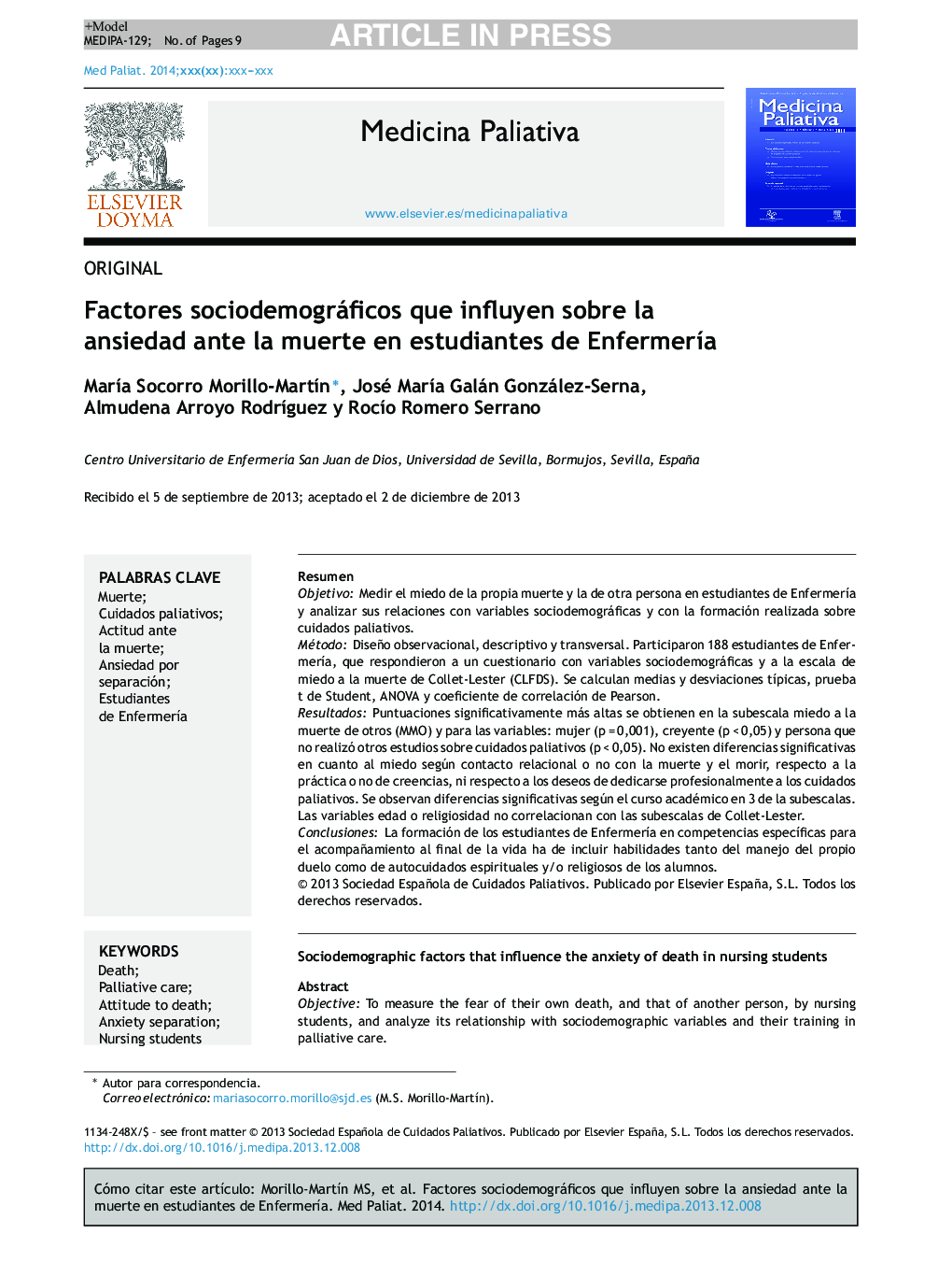 Factores sociodemográficos que influyen sobre la ansiedad ante la muerte en estudiantes de EnfermerÃ­a