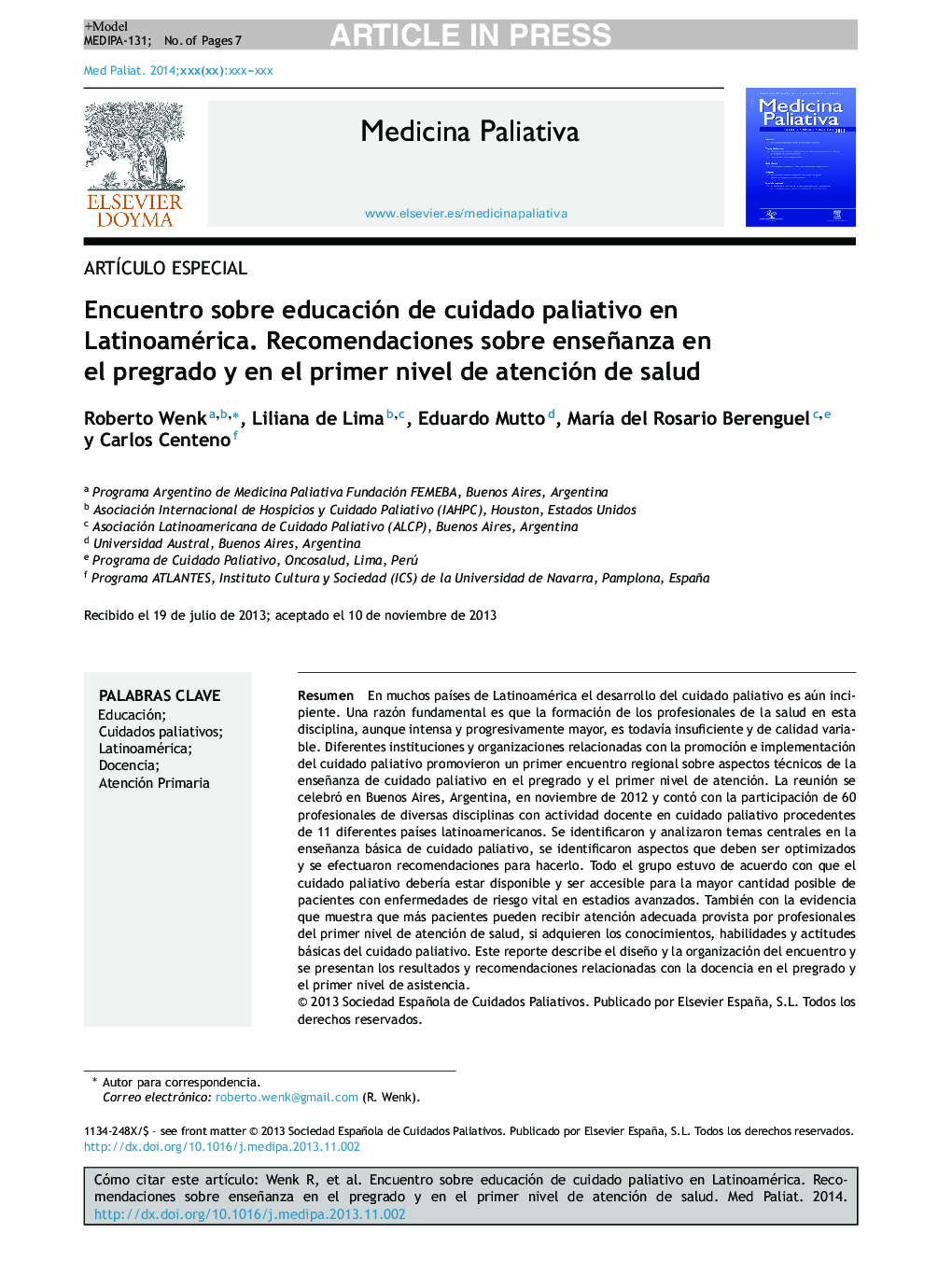 Encuentro sobre educación de cuidado paliativo en Latinoamérica. Recomendaciones sobre enseñanza en el pregrado y en el primer nivel de atención de salud