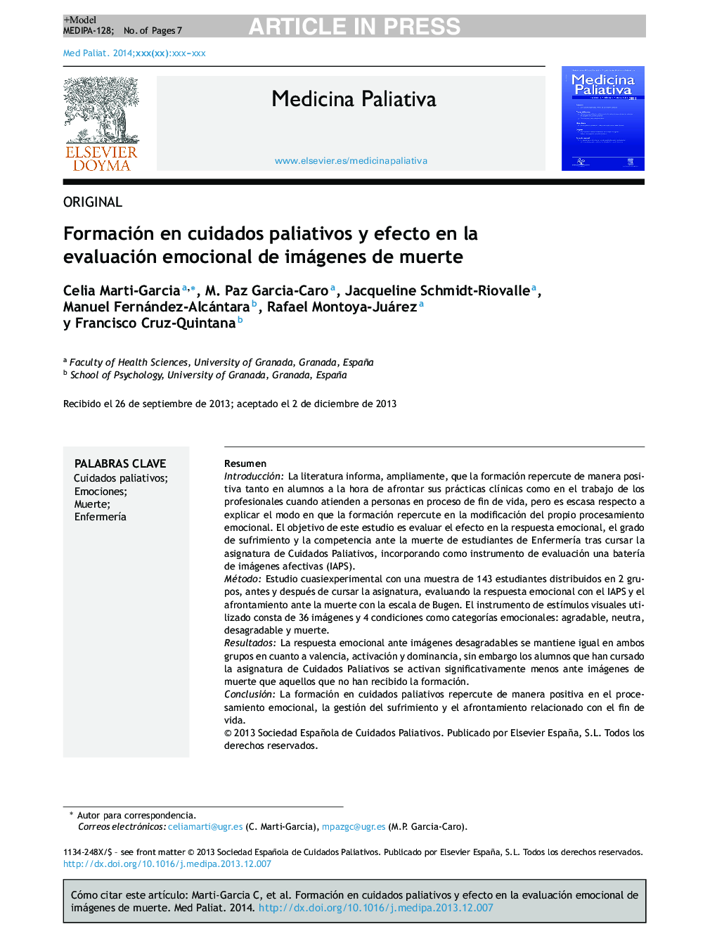 Formación en cuidados paliativos y efecto en la evaluación emocional de imágenes de muerte