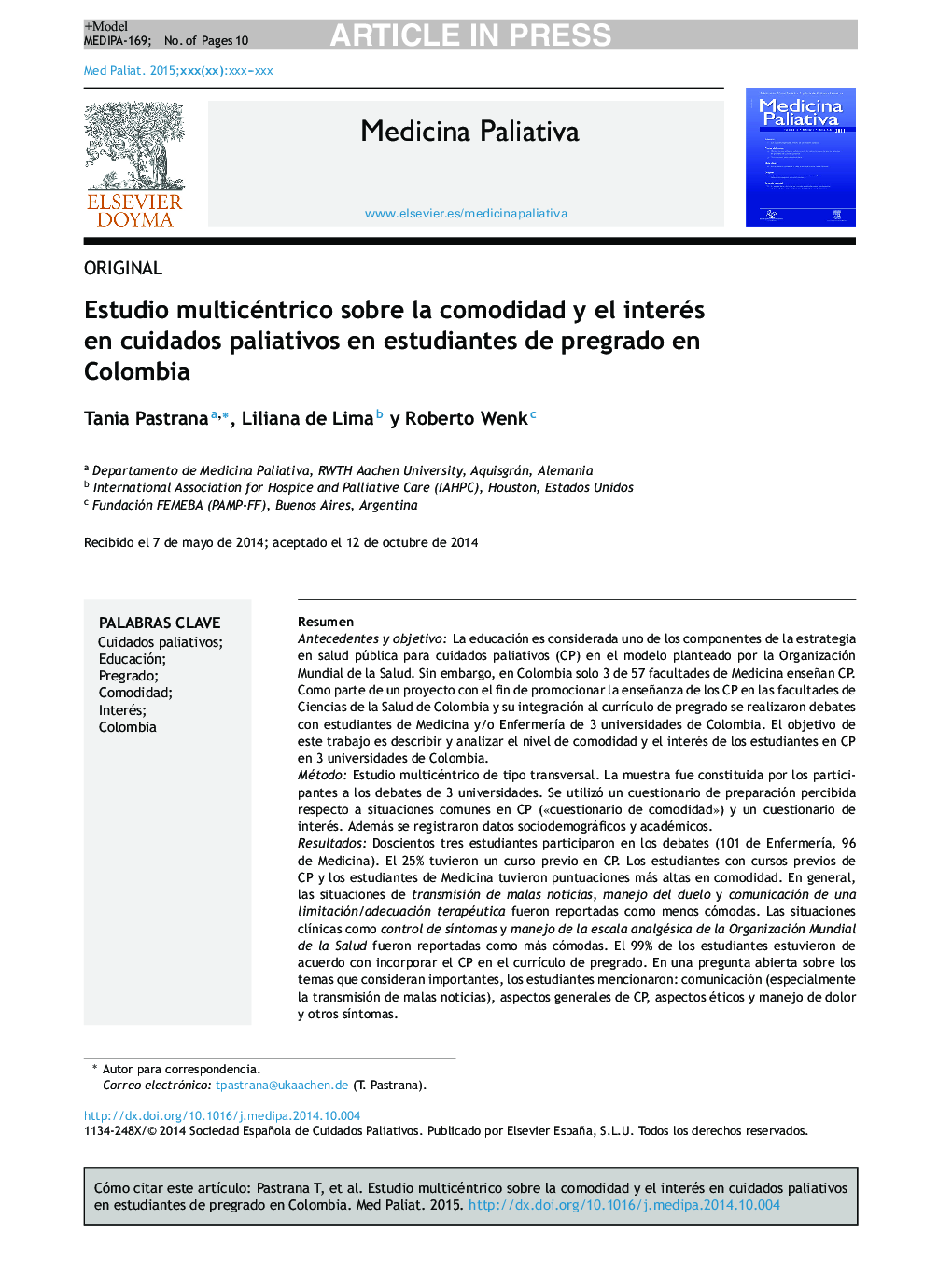 Estudio multicéntrico sobre la comodidad y el interés en cuidados paliativos en estudiantes de pregrado en Colombia