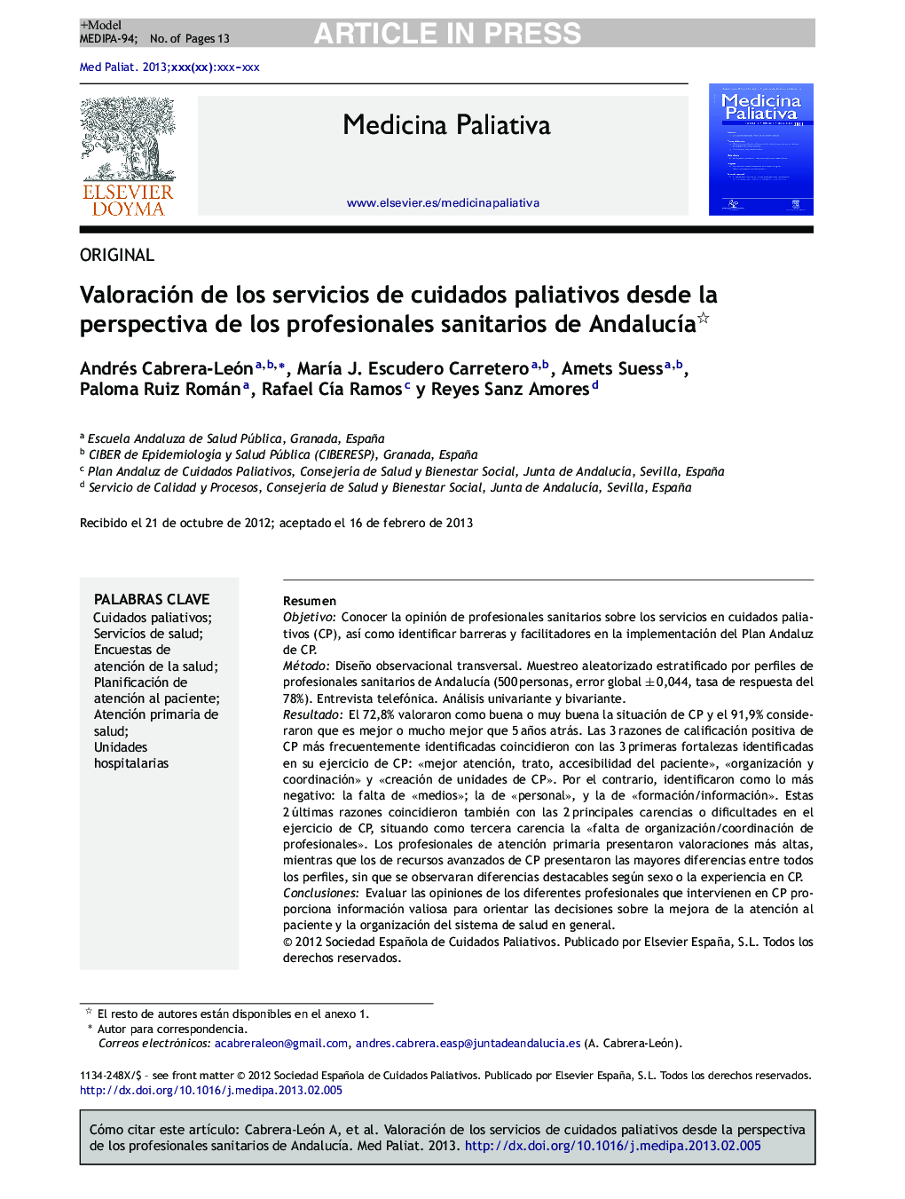 Valoración de los servicios de cuidados paliativos desde la perspectiva de los profesionales sanitarios de AndalucÃ­a