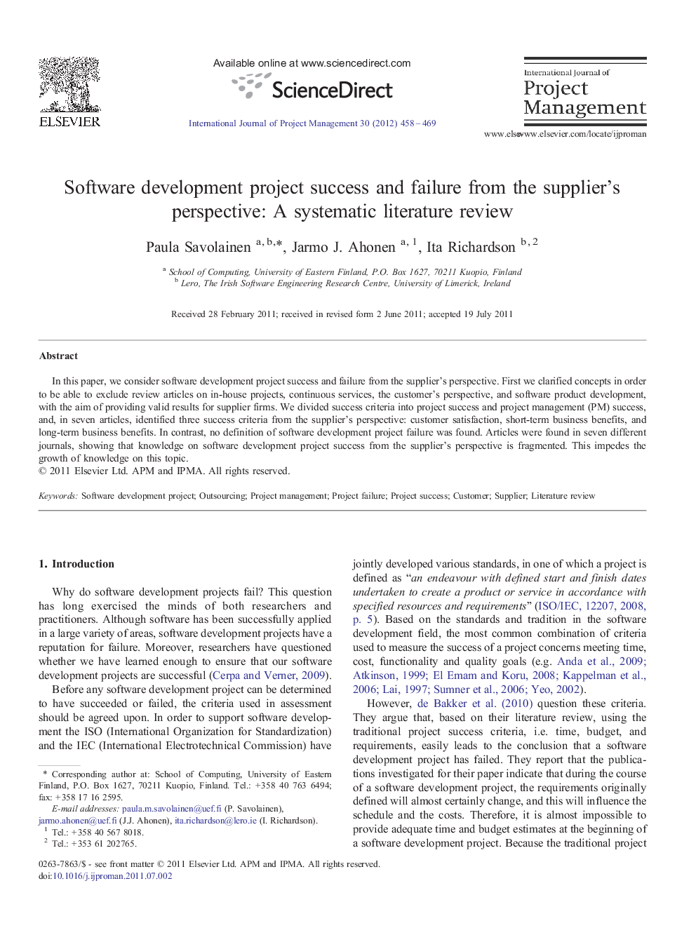 Software development project success and failure from the supplier's perspective: A systematic literature review