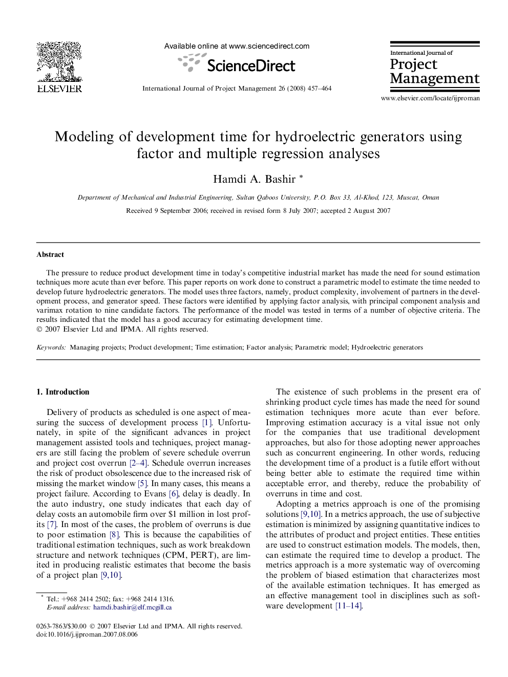 Modeling of development time for hydroelectric generators using factor and multiple regression analyses