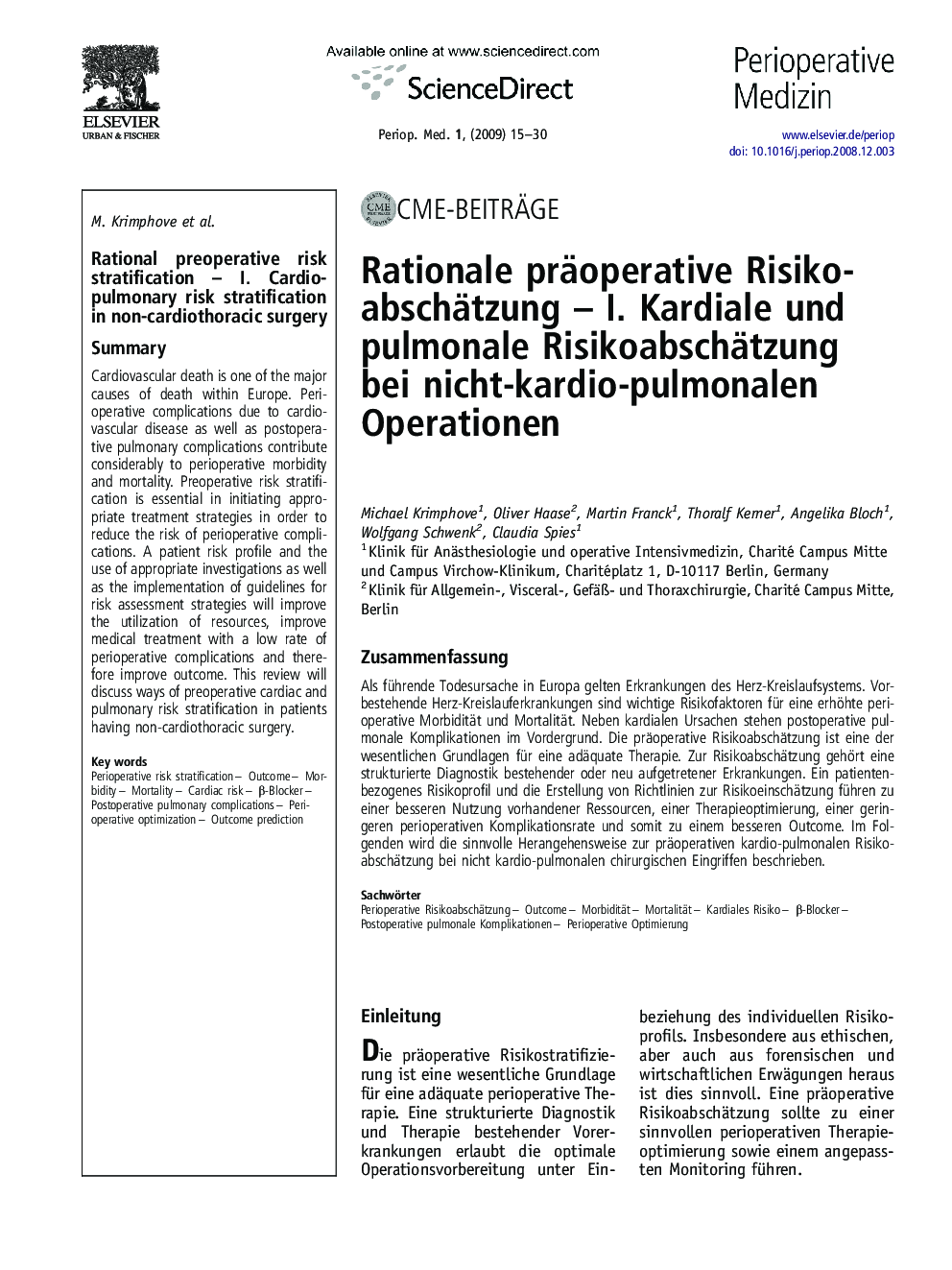 Rationale präoperative Risikoabschätzung – I. Kardiale und pulmonale Risikoabschätzung bei nicht-kardio-pulmonalen Operationen