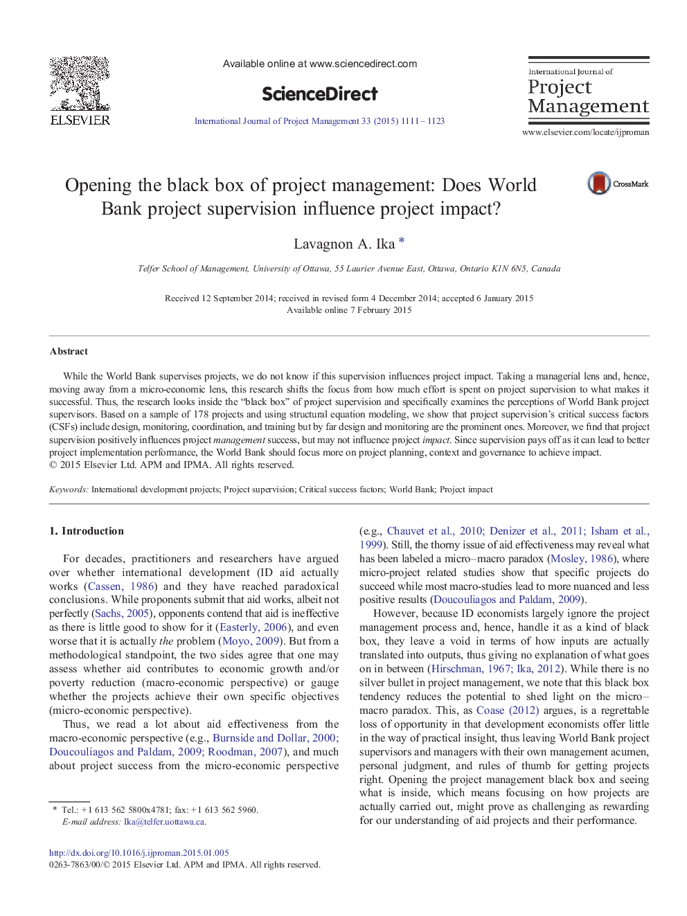 Opening the black box of project management: Does World Bank project supervision influence project impact?