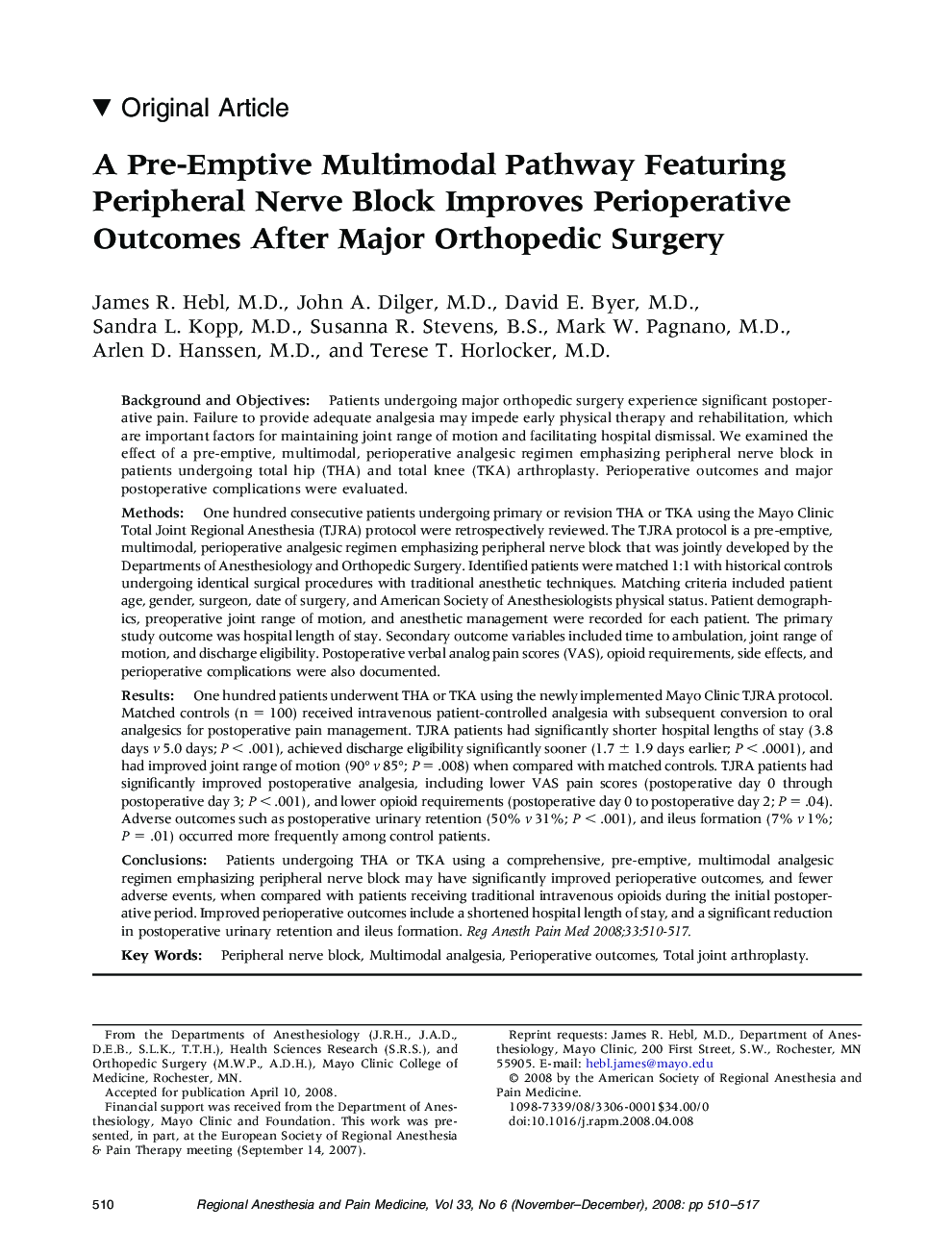 A Pre-Emptive Multimodal Pathway Featuring Peripheral Nerve Block Improves Perioperative Outcomes After Major Orthopedic Surgery