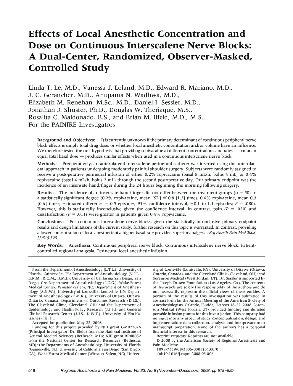 Effects of Local Anesthetic Concentration and Dose on Continuous Interscalene Nerve Blocks: A Dual-Center, Randomized, Observer-Masked, Controlled Study