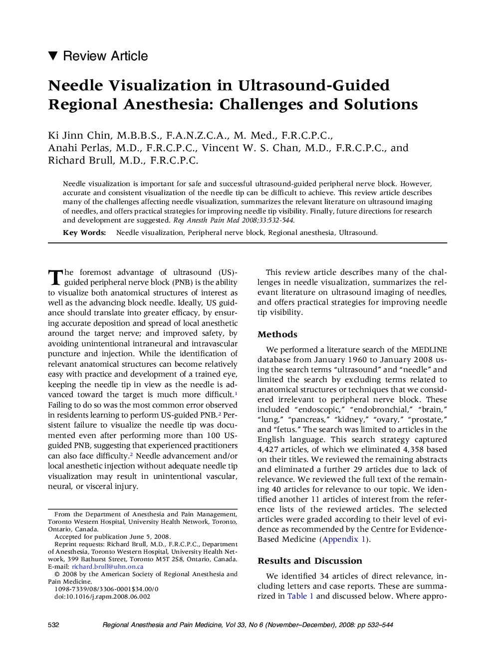 Needle Visualization in Ultrasound-Guided Regional Anesthesia: Challenges and Solutions