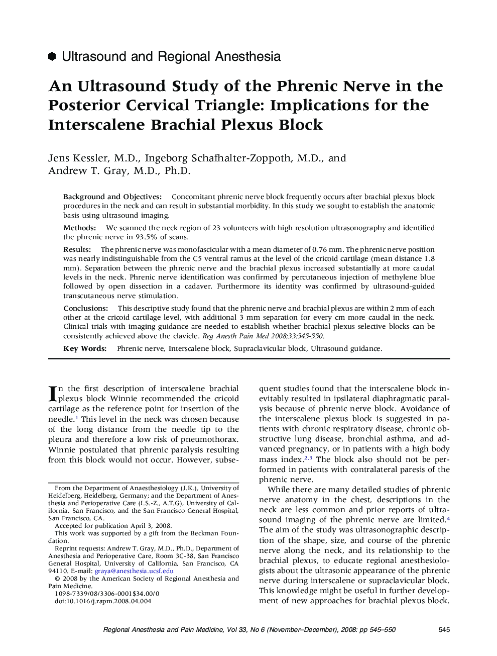 An Ultrasound Study of the Phrenic Nerve in the Posterior Cervical Triangle: Implications for the Interscalene Brachial Plexus Block