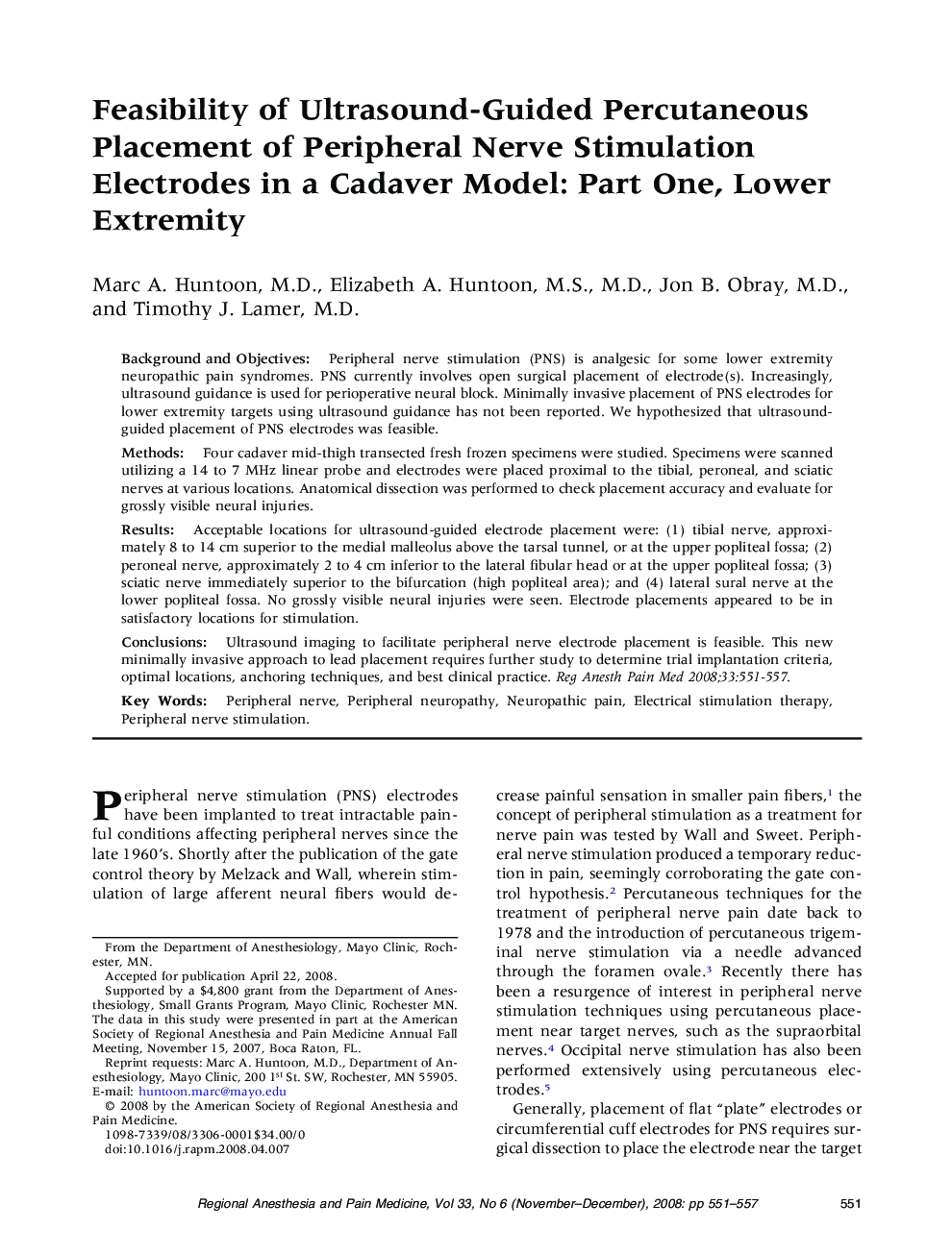Feasibility of Ultrasound-Guided Percutaneous Placement of Peripheral Nerve Stimulation Electrodes in a Cadaver Model: Part One, Lower Extremity