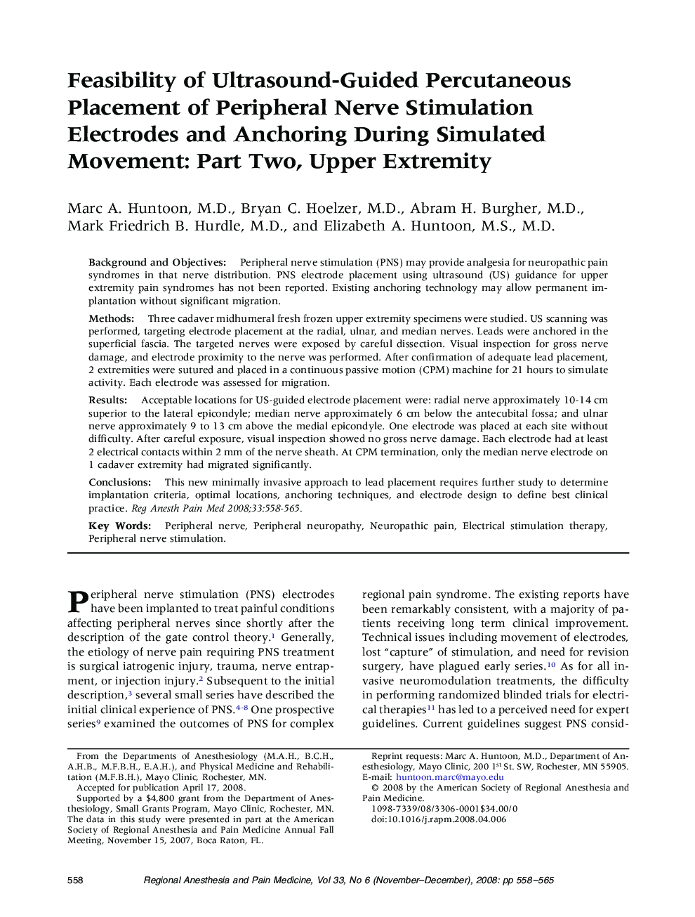 Feasibility of Ultrasound-Guided Percutaneous Placement of Peripheral Nerve Stimulation Electrodes and Anchoring During Simulated Movement: Part Two, Upper Extremity