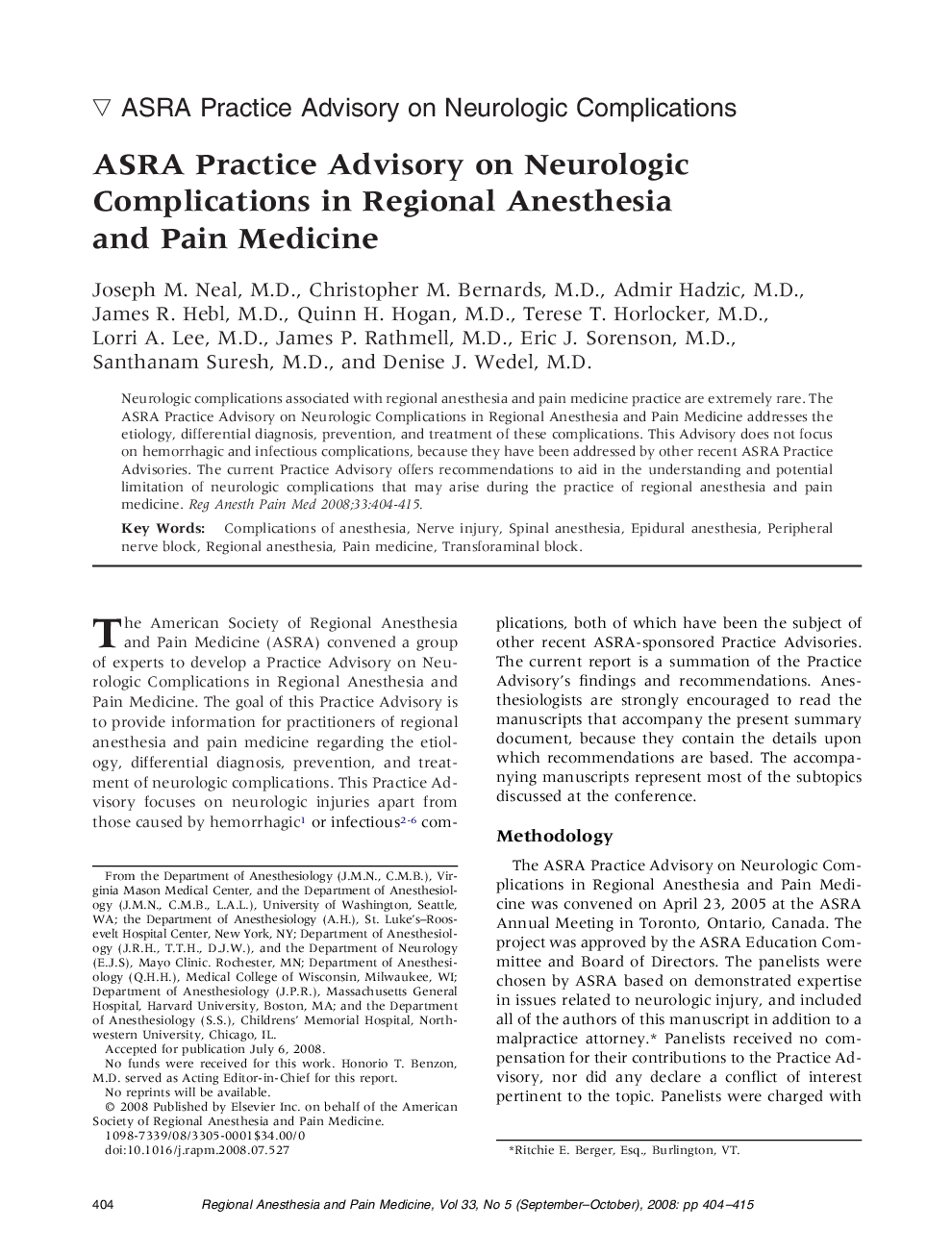 ASRA Practice Advisory on Neurologic Complications in Regional Anesthesia and Pain Medicine