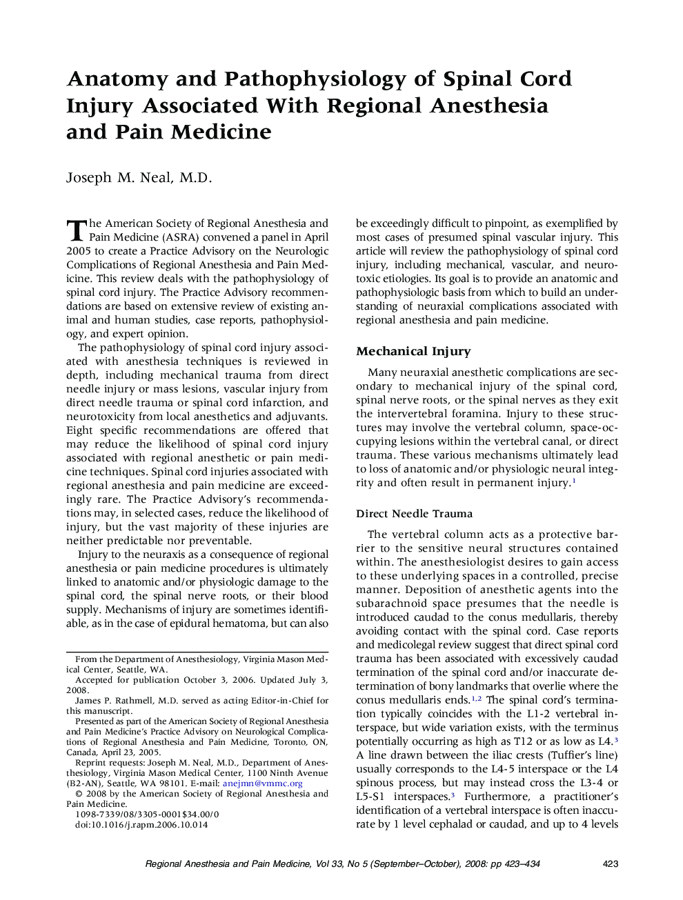 Anatomy and Pathophysiology of Spinal Cord Injury Associated With Regional Anesthesia and Pain Medicine