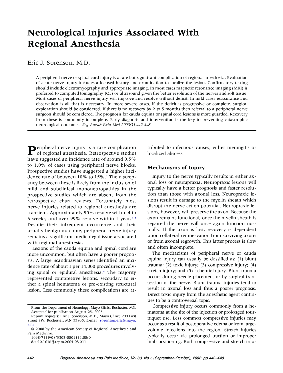 Neurological Injuries Associated With Regional Anesthesia