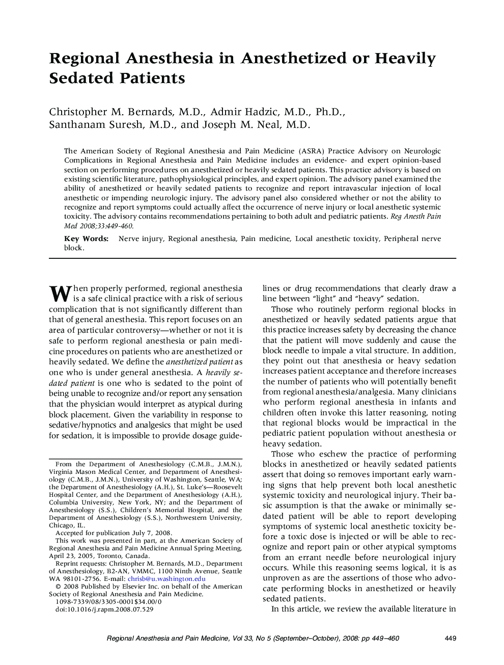 Regional Anesthesia in Anesthetized or Heavily Sedated Patients