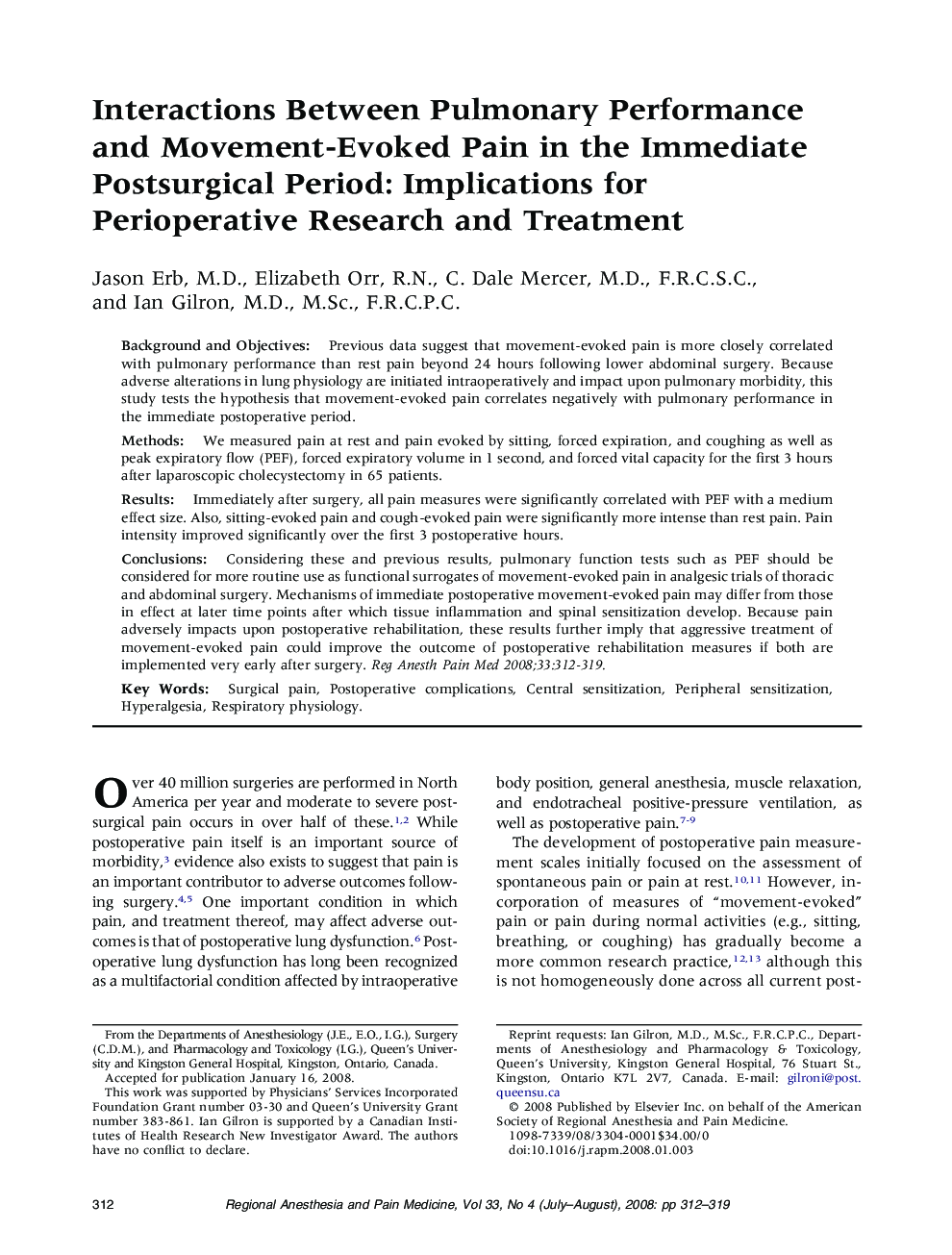 Interactions Between Pulmonary Performance and Movement-Evoked Pain in the Immediate Postsurgical Period: Implications for Perioperative Research and Treatment