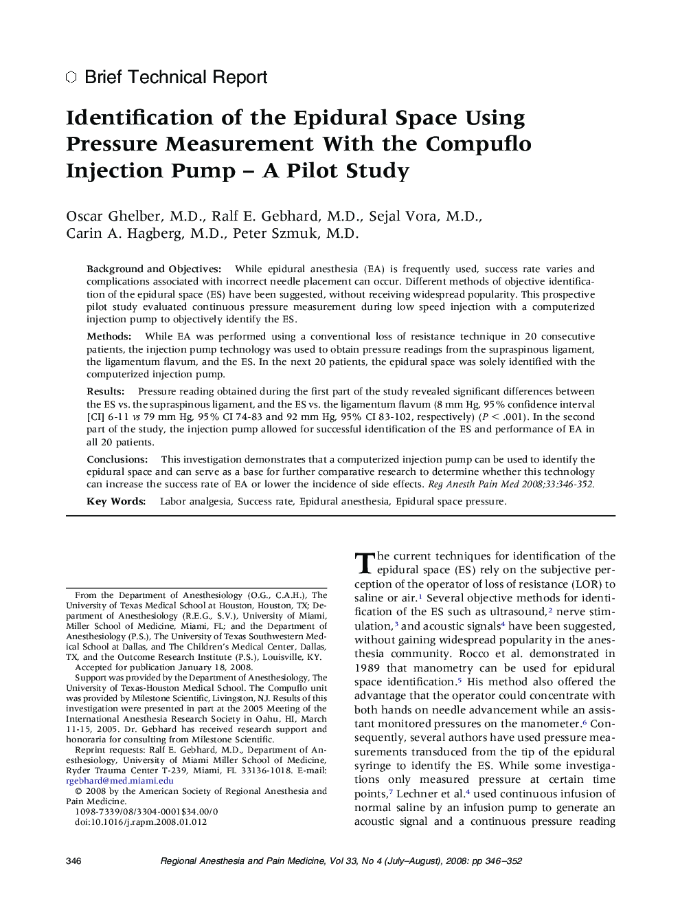 Identification of the Epidural Space Using Pressure Measurement With the Compuflo Injection Pump - A Pilot Study