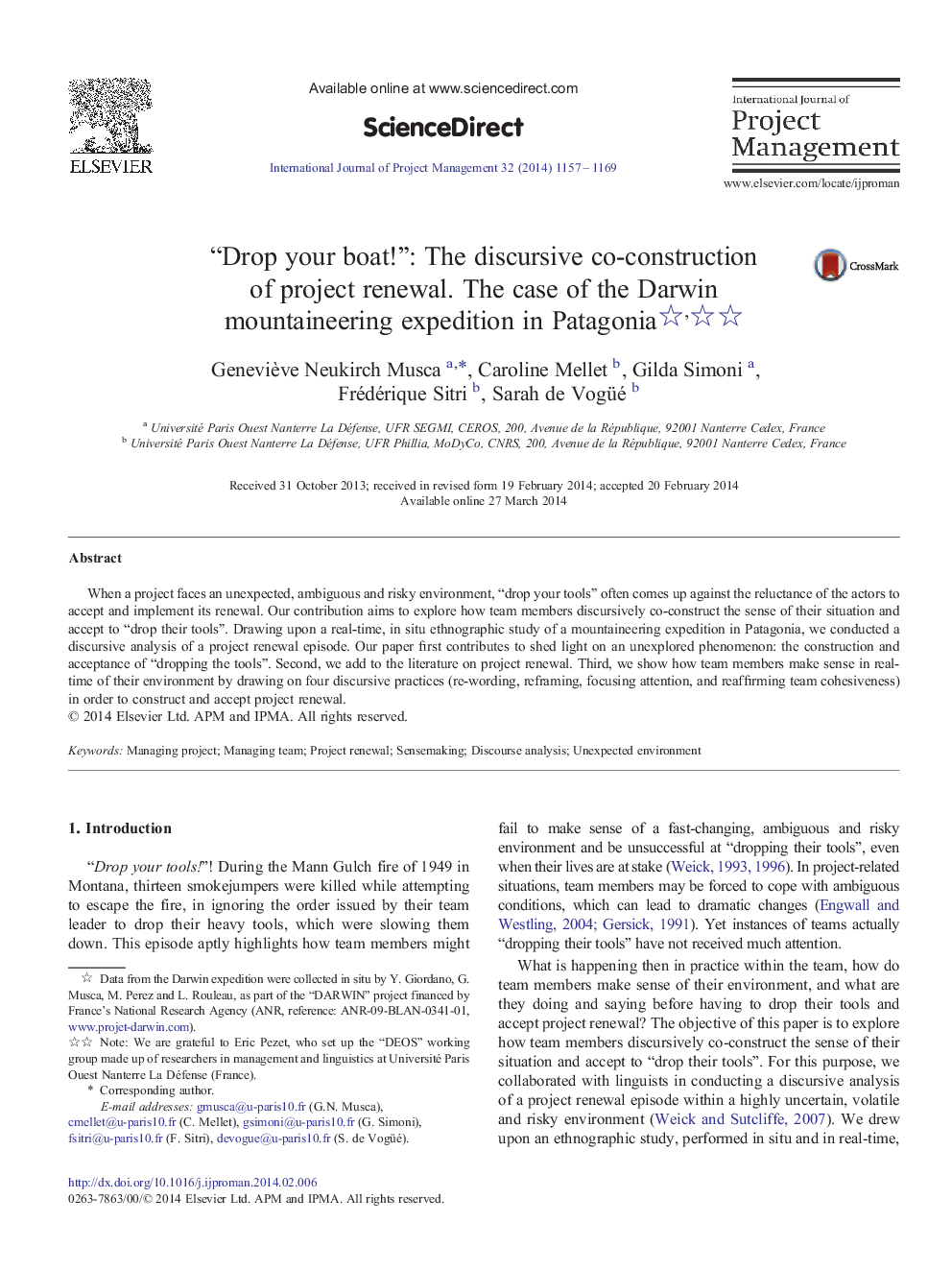 “Drop your boat!”: The discursive co-construction of project renewal. The case of the Darwin mountaineering expedition in Patagonia 