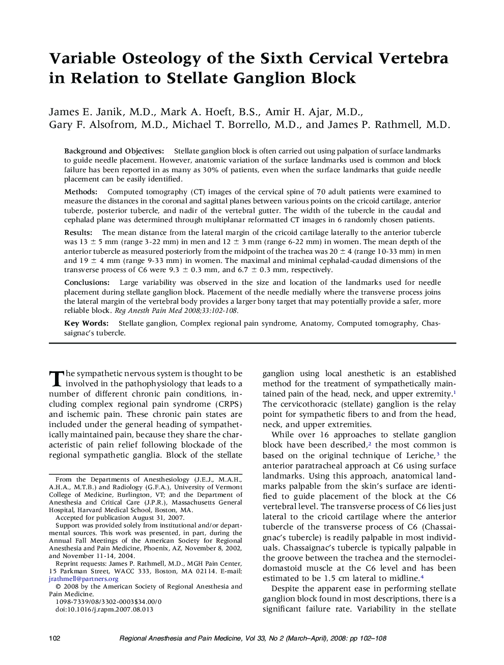 Variable Osteology of the Sixth Cervical Vertebra in Relation to Stellate Ganglion Block