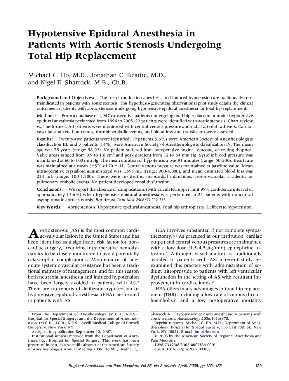 Hypotensive Epidural Anesthesia in Patients With Aortic Stenosis Undergoing Total Hip Replacement