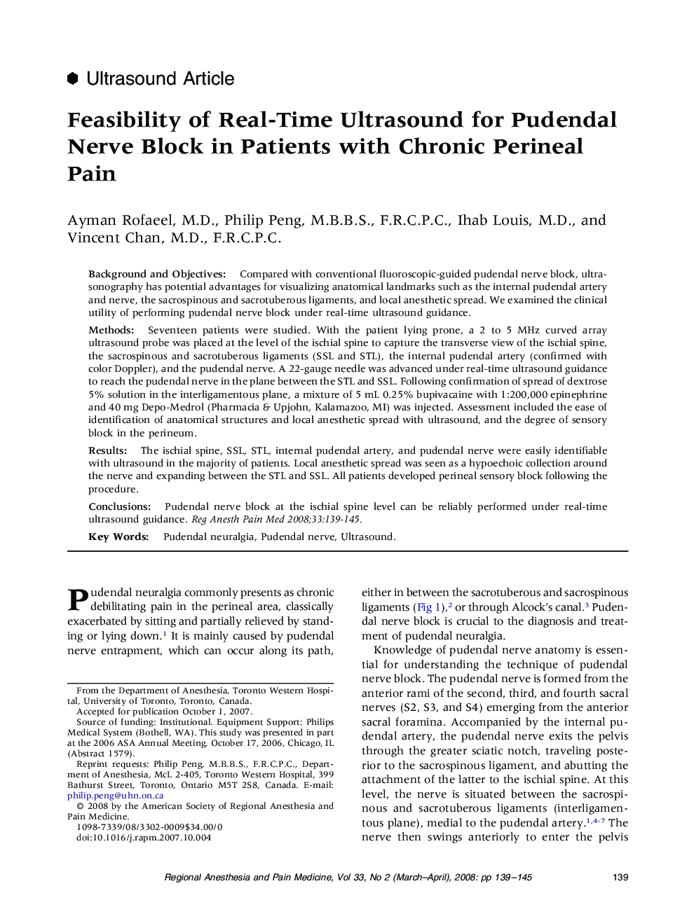 Feasibility of Real-Time Ultrasound for Pudendal Nerve Block in Patients with Chronic Perineal Pain