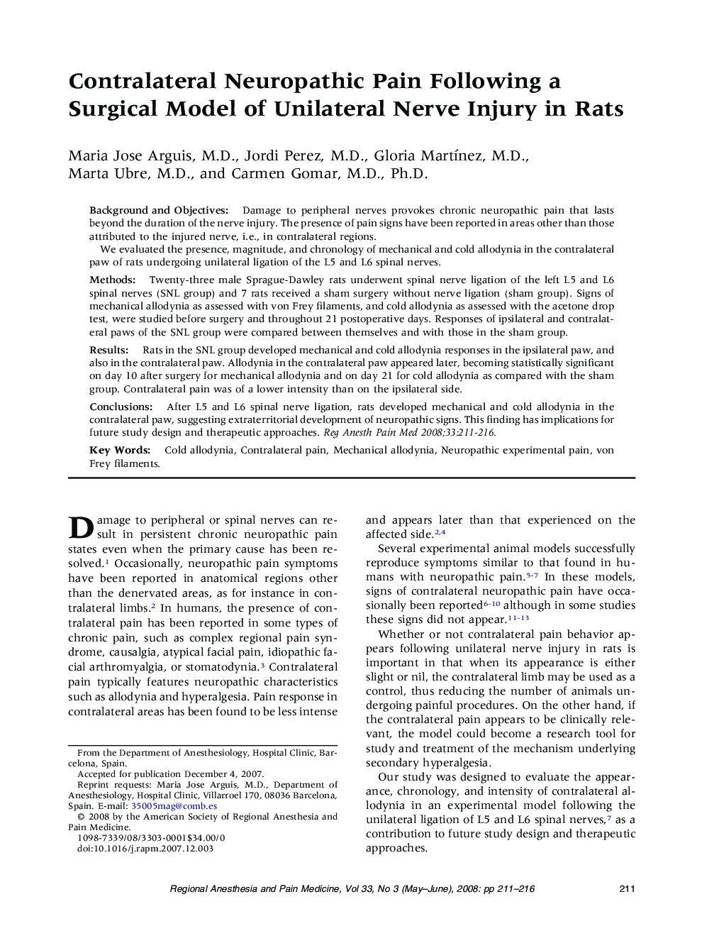 Contralateral Neuropathic Pain Following a Surgical Model of Unilateral Nerve Injury in Rats