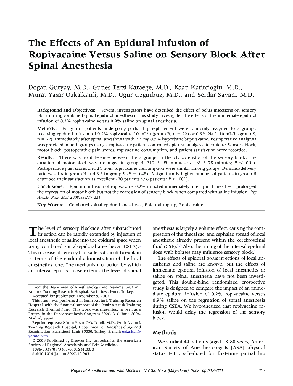 The Effects of An Epidural Infusion of Ropivacaine Versus Saline on Sensory Block After Spinal Anesthesia