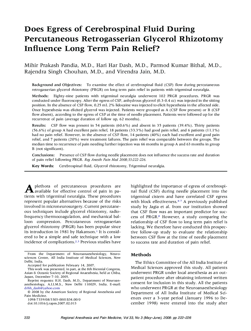 Does Egress of Cerebrospinal Fluid During Percutaneous Retrogasserian Glycerol Rhizotomy Influence Long Term Pain Relief?