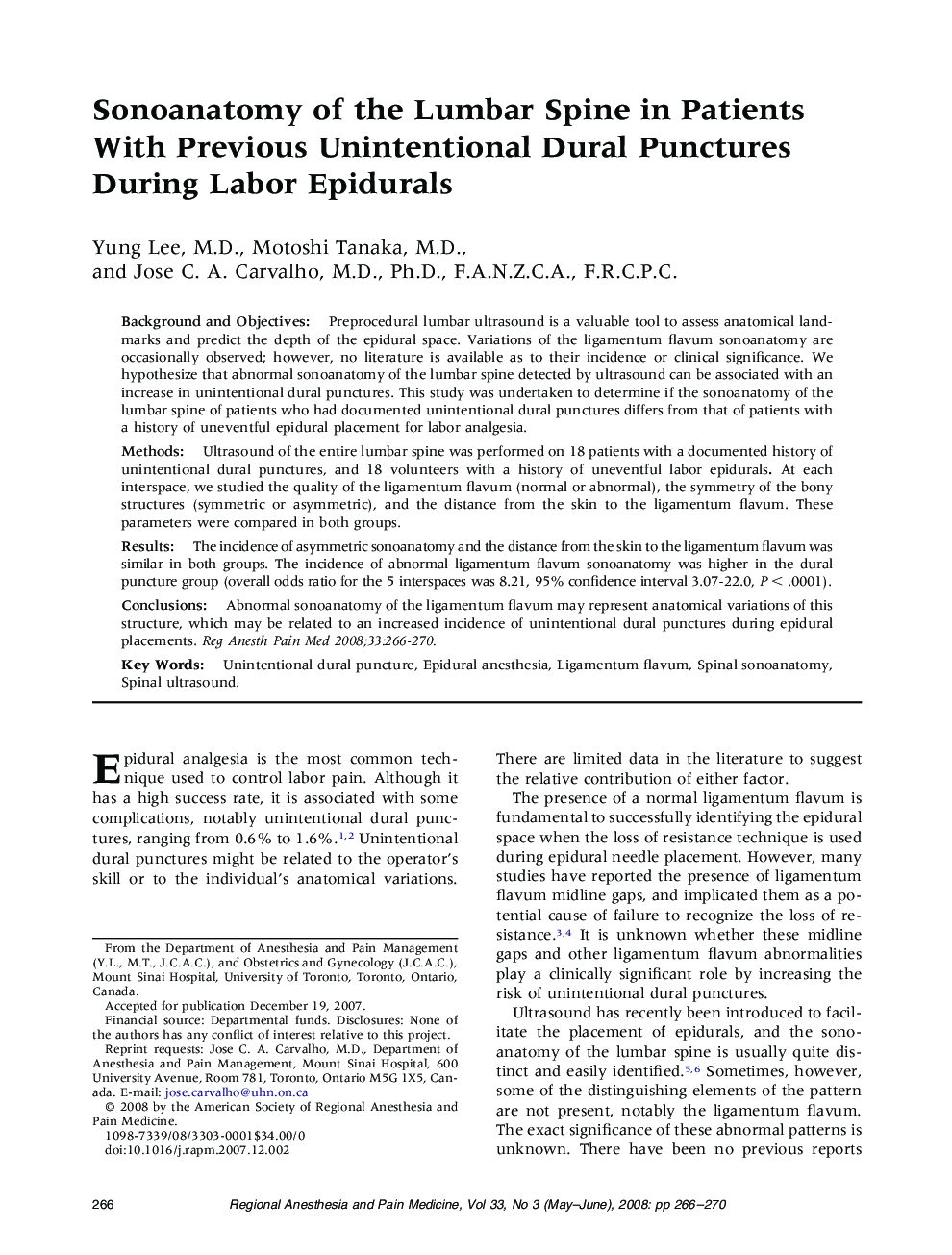 Sonoanatomy of the Lumbar Spine in Patients With Previous Unintentional Dural Punctures During Labor Epidurals