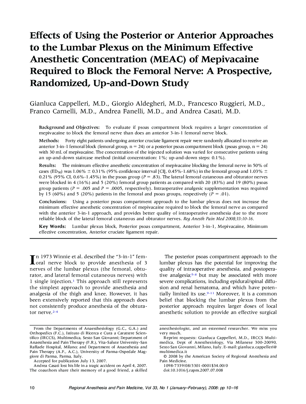 Effects of Using the Posterior or Anterior Approaches to the Lumbar Plexus on the Minimum Effective Anesthetic Concentration (MEAC) of Mepivacaine Required to Block the Femoral Nerve: A Prospective, Randomized, Up-and-Down Study