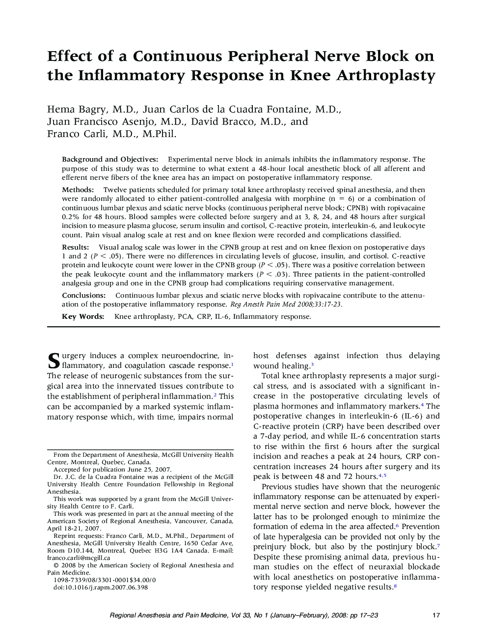 Effect of a Continuous Peripheral Nerve Block on the Inflammatory Response in Knee Arthroplasty