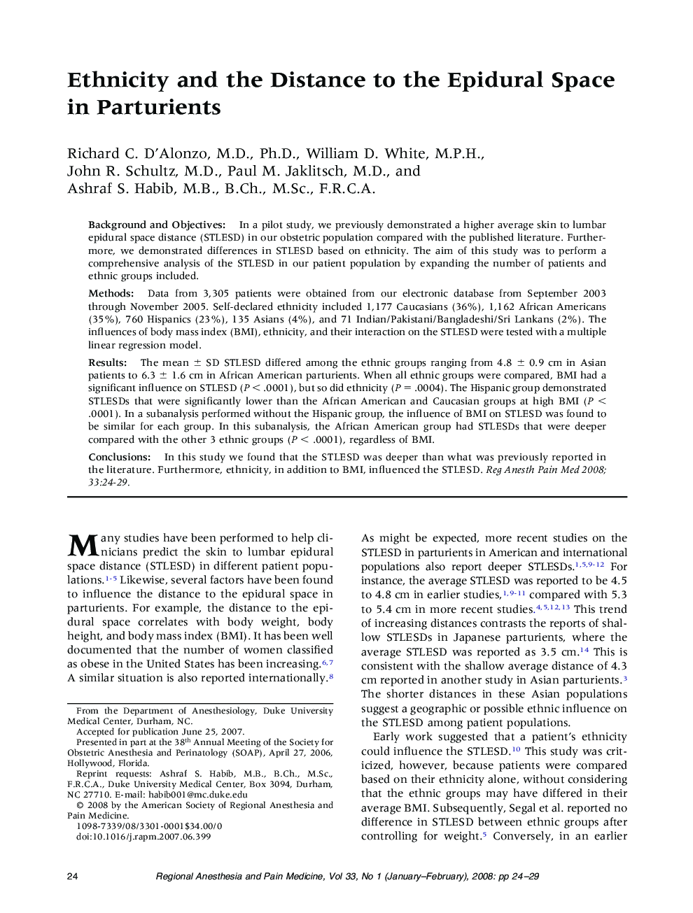 Ethnicity and the Distance to the Epidural Space in Parturients