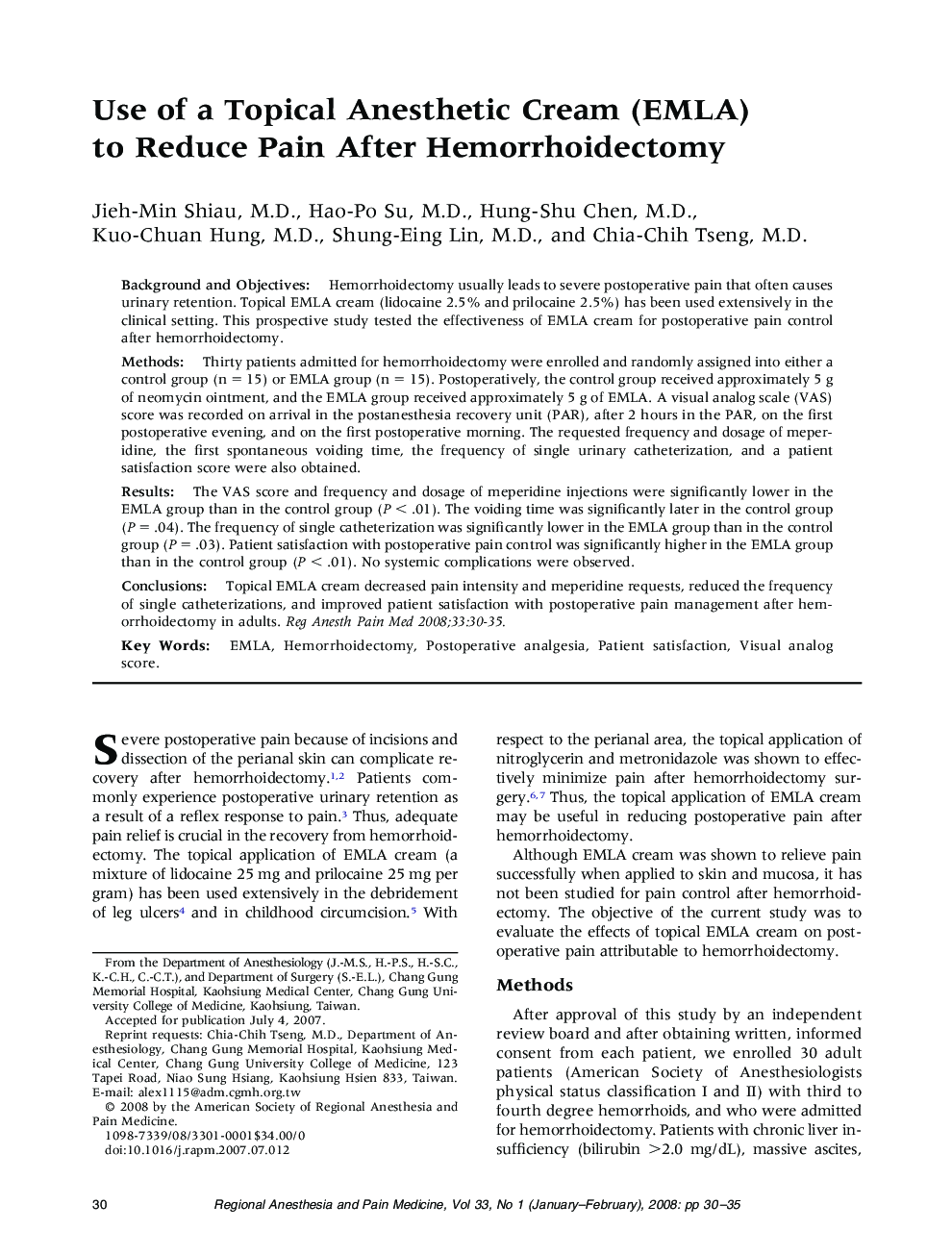 Use of a Topical Anesthetic Cream (EMLA) to Reduce Pain After Hemorrhoidectomy