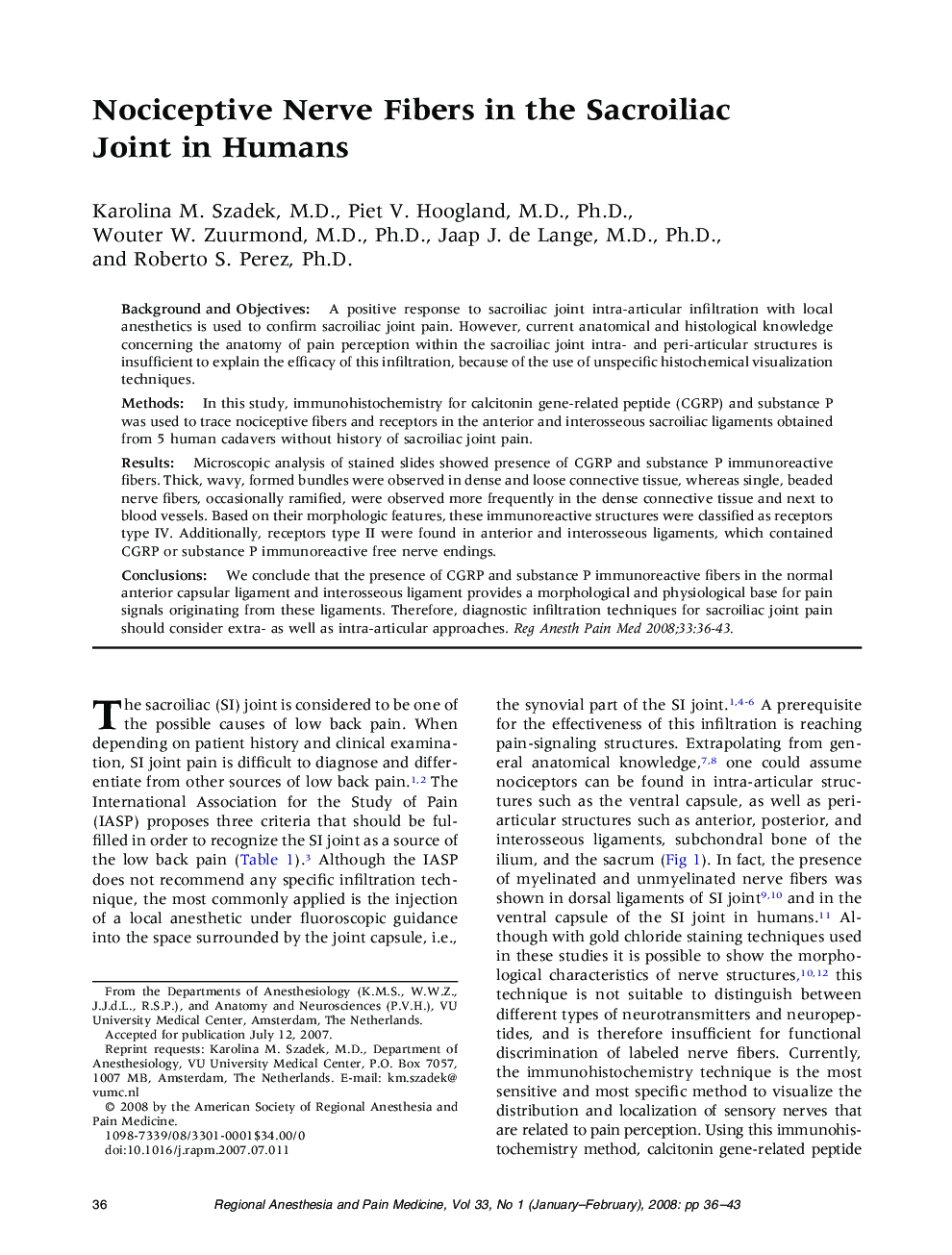 Nociceptive Nerve Fibers in the Sacroiliac Joint in Humans