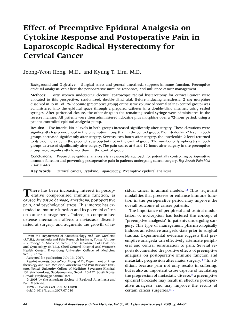 Effect of Preemptive Epidural Analgesia on Cytokine Response and Postoperative Pain in Laparoscopic Radical Hysterectomy for Cervical Cancer