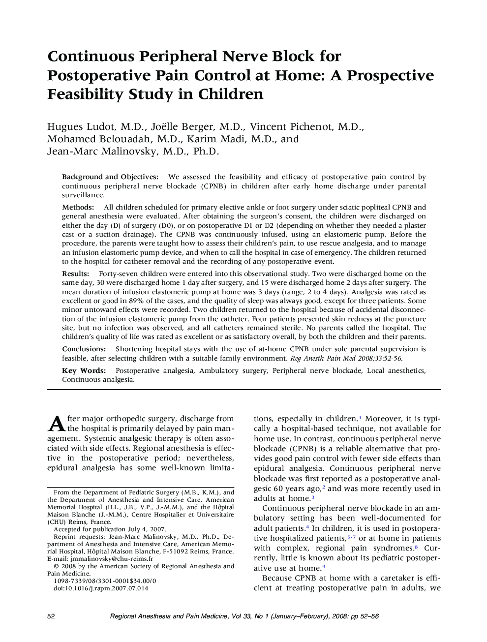 Continuous Peripheral Nerve Block for Postoperative Pain Control at Home: A Prospective Feasibility Study in Children