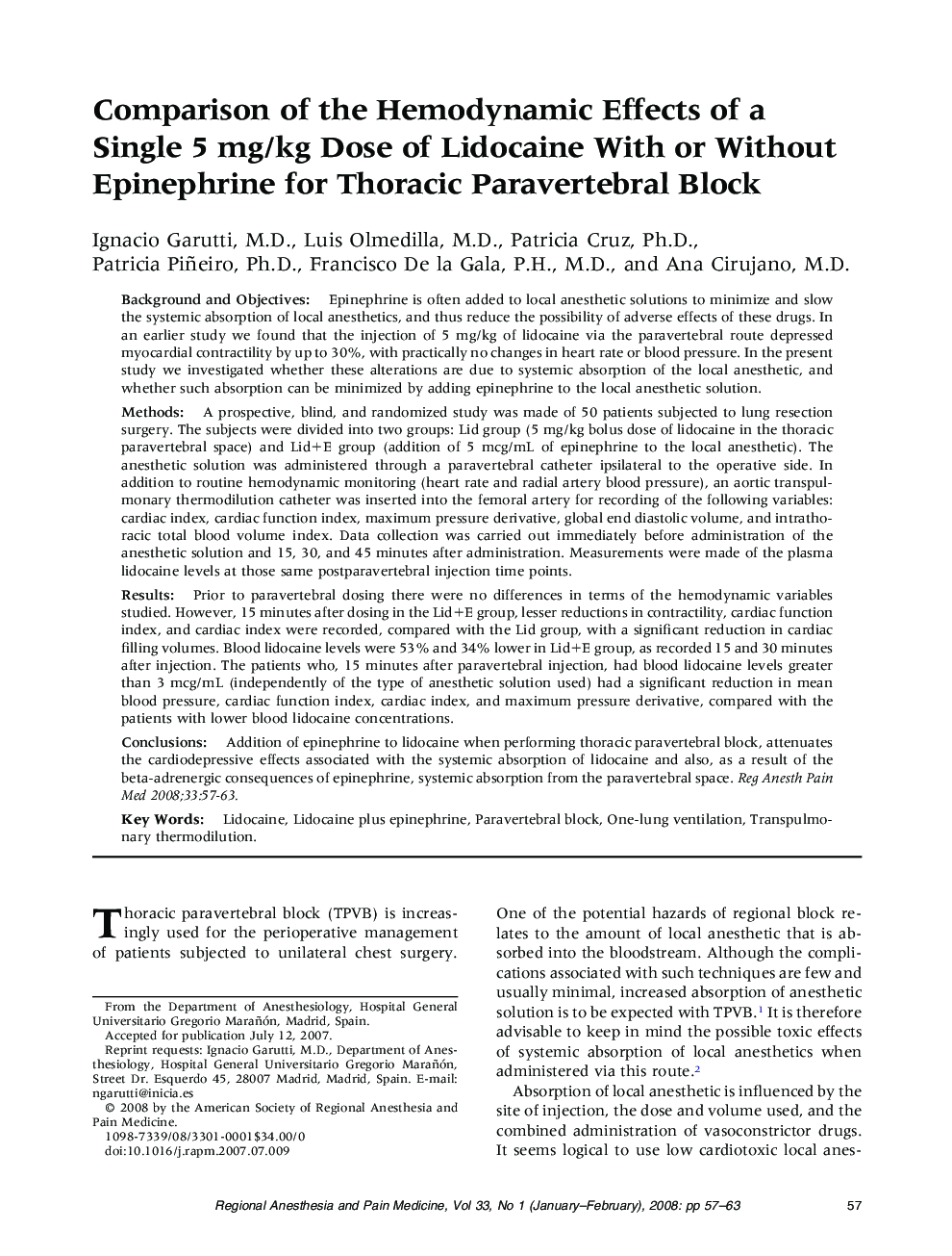 Comparison of the Hemodynamic Effects of a Single 5 mg/kg Dose of Lidocaine With or Without Epinephrine for Thoracic Paravertebral Block