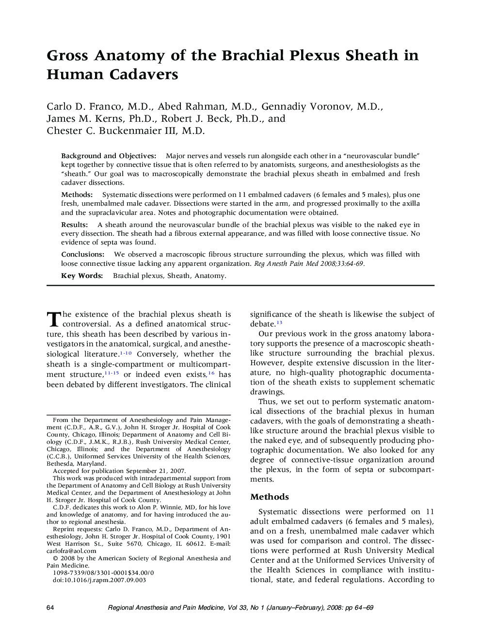 Gross Anatomy of the Brachial Plexus Sheath in Human Cadavers