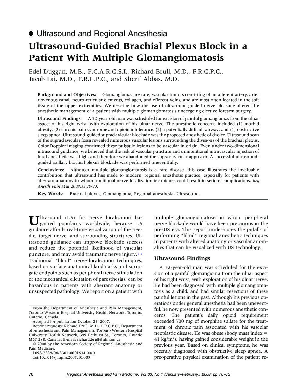 Ultrasound-Guided Brachial Plexus Block in a Patient With Multiple Glomangiomatosis